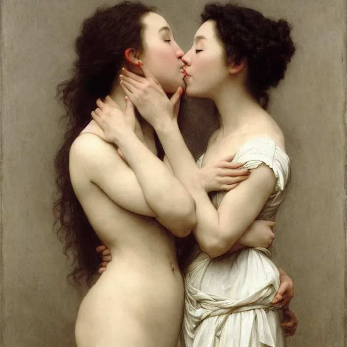 Prompt: jodie comer and sandra oh kiss by william - adolphe bouguereau