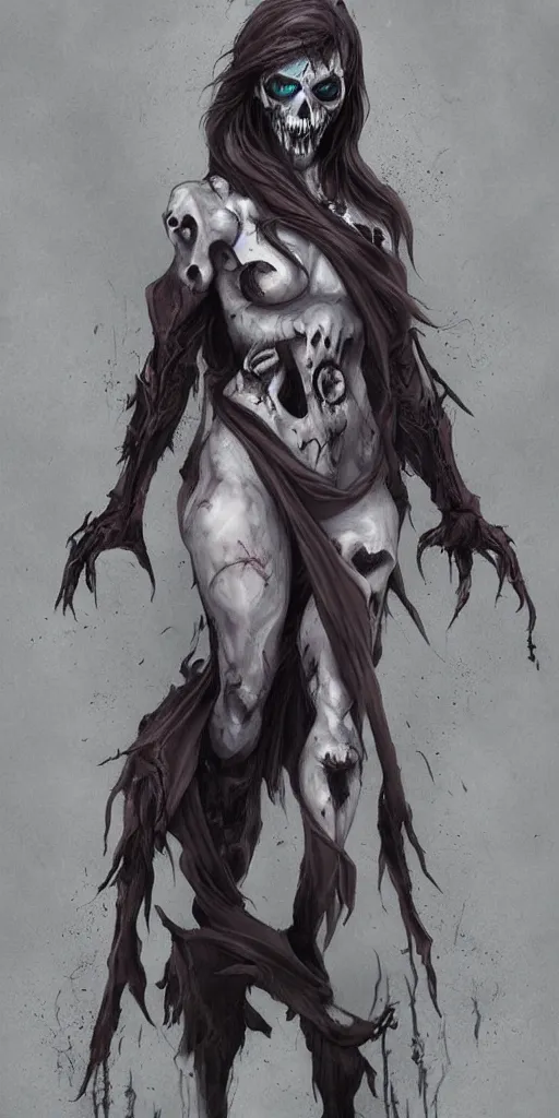 Image similar to female wraith, undead, dynamic pose, skull, terrifying, dark, fog, artstation