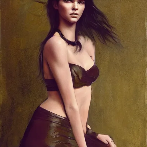 Prompt: fashion model kendall jenner by Gerry Chapelski by Richard Schmid by Jeremy Lipking by moebius by atey ghailan