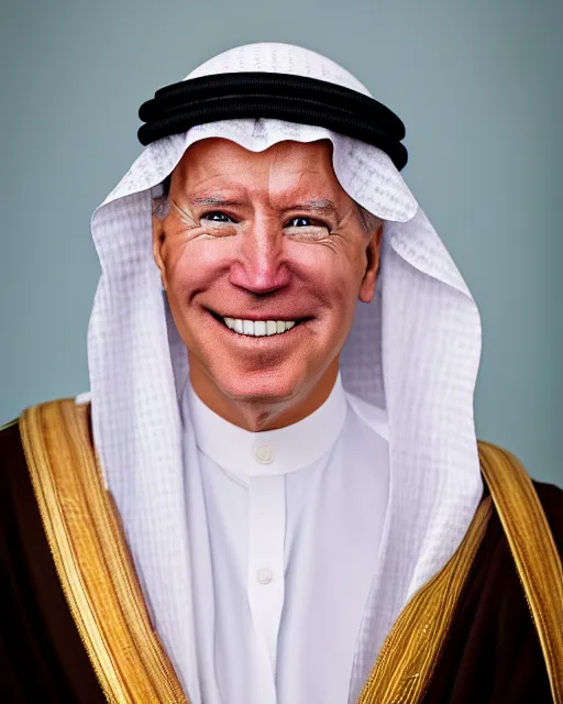 Prompt: a portrait photograph of joe biden as a muslim sheikh from saudi arabia, dslr photography