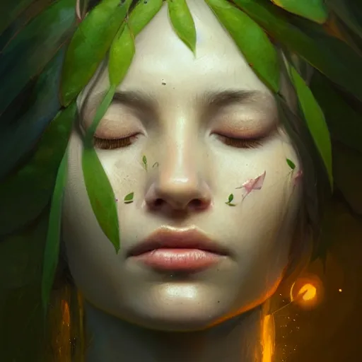 Image similar to a beautiful portrait of a plant goddess with closed eyes by Greg Rutkowski and Raymond Swanland, Trending on Artstation, ultra realistic digital art