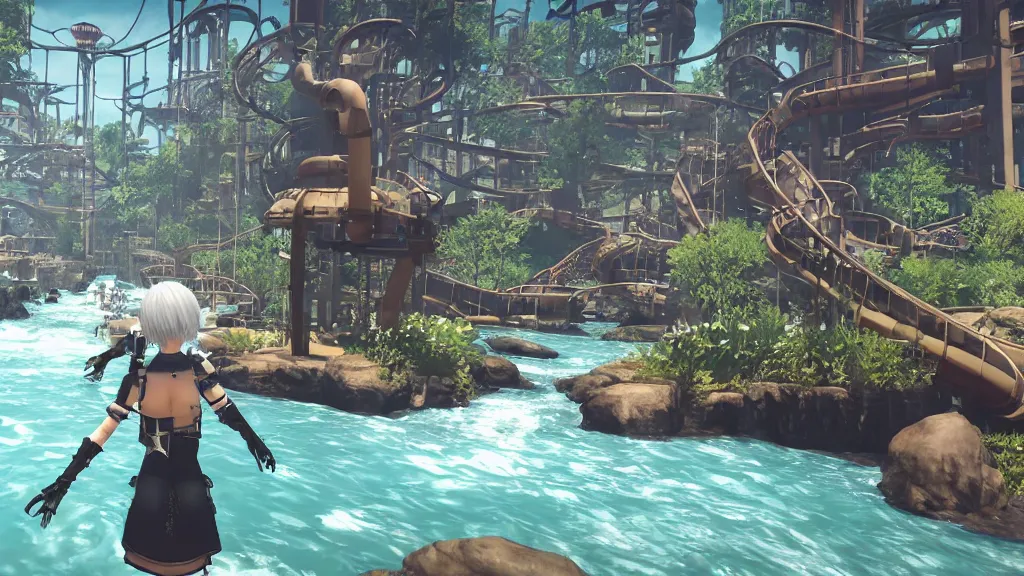 Image similar to Screenshot from Nier Automata, beautiful landscape at a water park