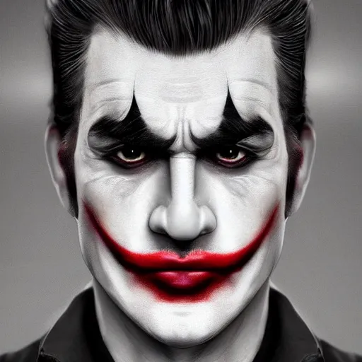 Image similar to Mario in real life with joker makeup, realistic, very realistic, hyperrealistic, highly detailed, very detailed, extremely detailed, detailed, digital art, oil painting, trending on artstation, headshot and bodyshot, detailed face, very detailed face, extremely detailed face, HD Quality, 8k resolution