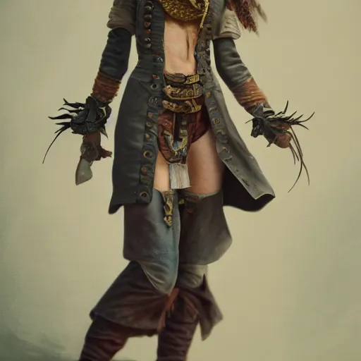 Image similar to detailed full body concept pastel painting of a female pirate in beautifully designed clothing, cinematic lighting, hyperdetailed, cgsociety, 8k, high resolution, Tom Richmond, single face, insanely detailed and intricate, octane render, golden ratio, vfx, postprocessing, freckles, alluring