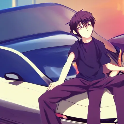 Image similar to close up of a high definition anime guy with short dark blue hair and black streetwear clothing riding a dark red 1996 Hyundai Accent car with armenia quindio in the background, Artwork by Makoto Shinkai, pixiv, 8k, official media, wallpaper, hd