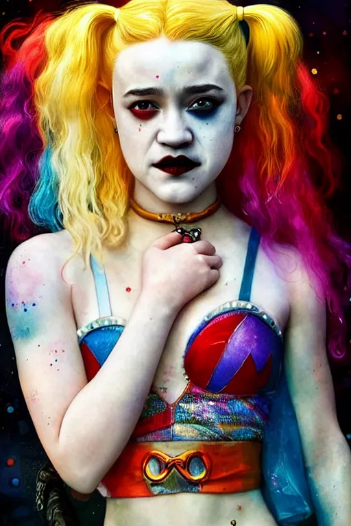 Prompt: portrait of julia garner as harley quinn as delirium of the endless, the sandman, rainbow clothes, in persian temple wet night, sci - fi and fantasy, intricate and very very beautiful and elegant, highly detailed, digital painting, artstation, concept art, smooth and sharp focus, illustration, art by tian zi and wlop and alphonse mucha