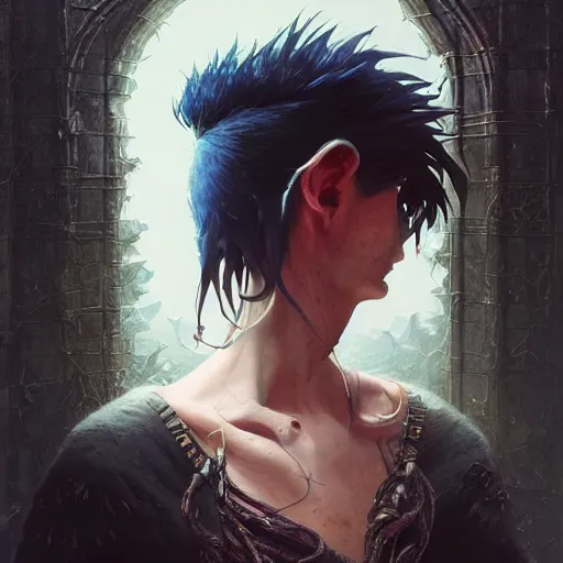 Image similar to highly detailed portrait from a gothic man with mohawk hair, stephen bliss, unreal engine, fantasy art by greg rutkowski, loish, rhads, ferdinand knab, makoto shinkai and lois van baarle, ilya kuvshinov, rossdraws, tom bagshaw, global illumination, radiant light, detailed and intricate environment