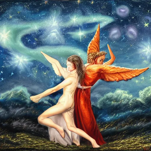 Prompt: Demon and angel waltz under the starry sky, photorealism