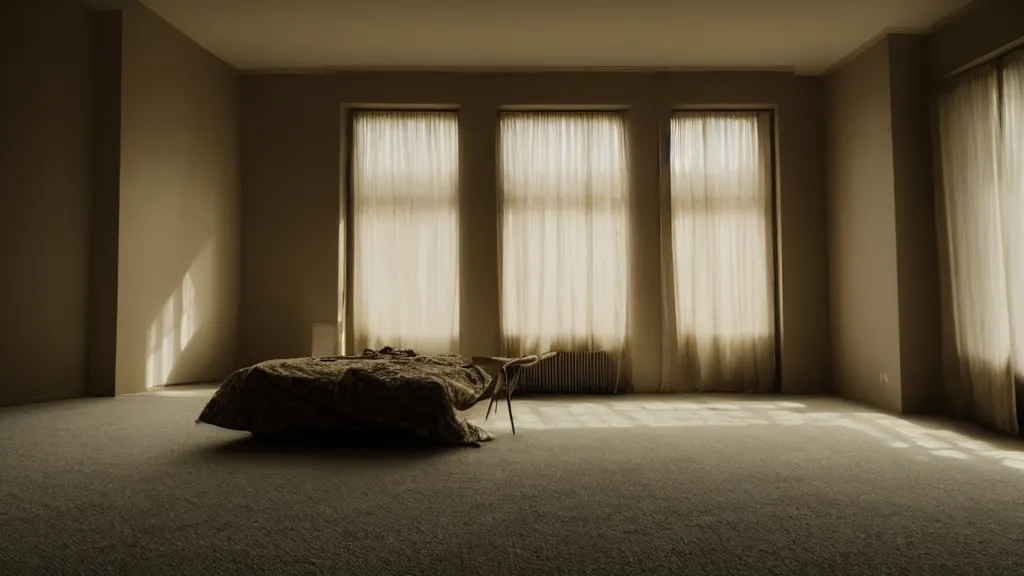 Prompt: a empty room with paintings on a wall, carpet on the floor, window with light coming through, nightstand in a corner, film still from the movie directed by Denis Villeneuve, wide lens