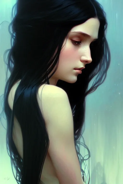 Image similar to a beautiful girl with long black hair, fantasy, portrait, sharp focus, intricate, elegant, digital painting, artstation, matte, highly detailed, concept art, illustration, ambient lighting, art by ilya kuvshinov, artgerm, Alphonse mucha, and Greg Rutkowski