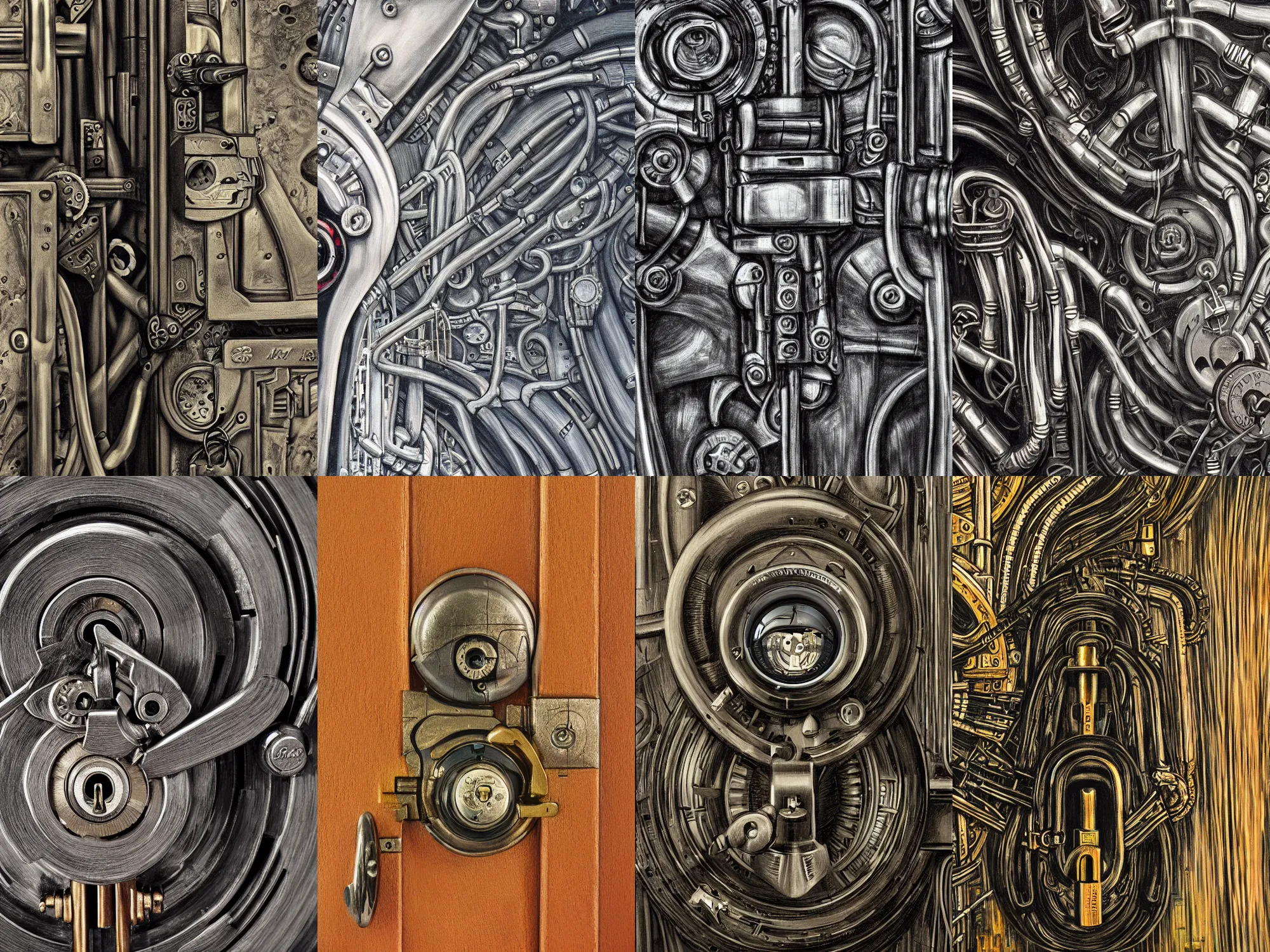 Prompt: closeup of Mechanical Lock, HD, award winning, in style of giger, biomechanics, biomechanical, film grain, medium format, 8k resolution, oil on canvas