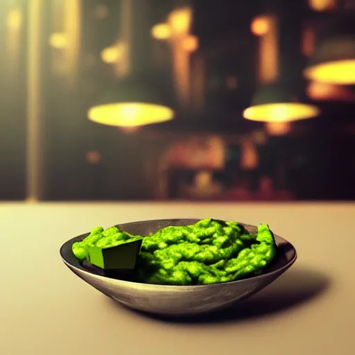 Prompt: french fries covered in guacamole, digital art, moody lighting, trending on artstation