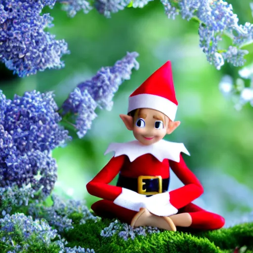 Image similar to a realistic elf is sitting at a close distance, he has a good - natured dreamy look, transparent wings, he is sitting on a beautiful blue flower around a lilac mist c 7. 0