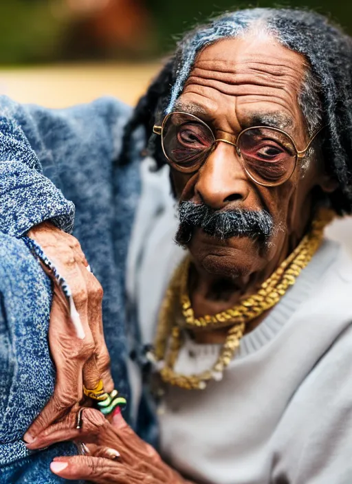 Prompt: DSLR photo portrait still of 85 year old age 85 Snoop Dogg at age 85!!!, 85mm f1.8