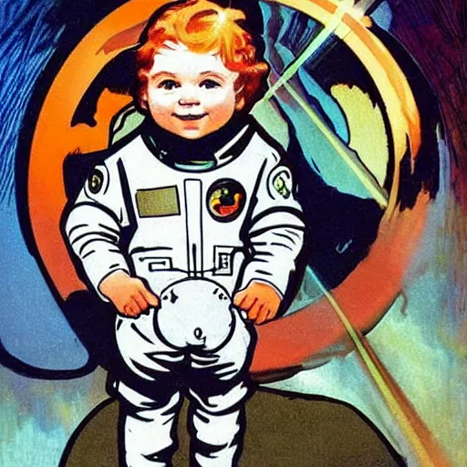 Image similar to a cute little boy with a mischievous face and short ginger hair. he is dressed as an astronaut. well composed, clean elegant painting, beautiful detailed face. painting by steve ditko and jack kirby and ( alphonse mucha )