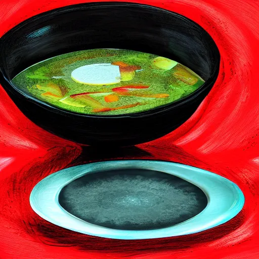 Prompt: a bowl of soup that is also a portal to another dimension, digital art