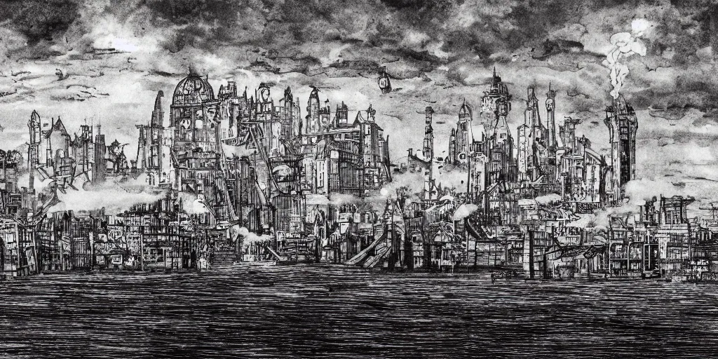 Image similar to pen and ink illustration, city held up on giant platform, buildings on top of tall structure, over the ocean, tall arches, fading off to the horizon, steam punk, artstation