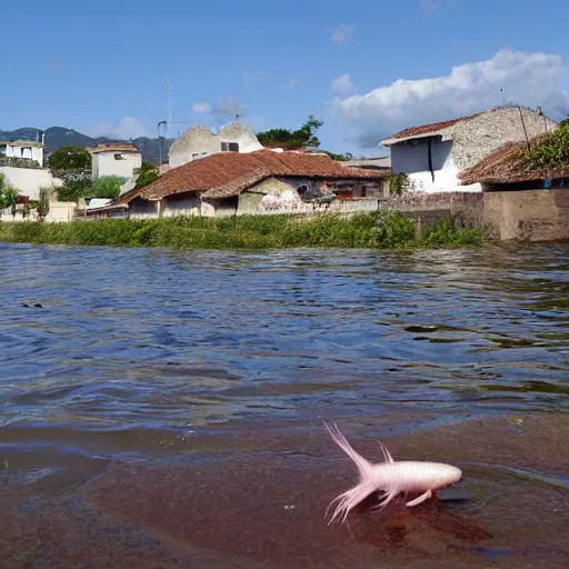 Prompt: axolotl swimming in a river with a quaint mexican village in the background