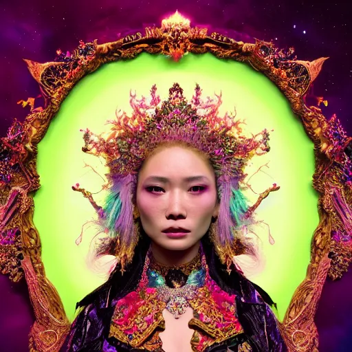 Image similar to a beautiful empress portrait, with a brilliant, impossible striking big cosmic galaxy headpiece, clothes entirely made out of cosmos chaos energy, symmetrical, dramatic studio lighting, rococo, baroque, jewels, asian, hyperrealism, closeup, D&D, fantasy, intricate, elegant, highly detailed, digital painting, artstation, octane render, 8k, concept art, matte, sharp focus, illustration, art by Artgerm and Greg Rutkowski and Alphonse Mucha