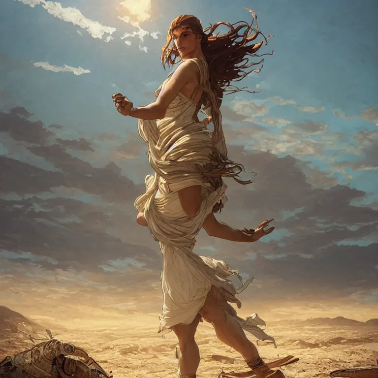 Image similar to A greek goddess trudging across a vast desert under an unrelenting sun. award winning. superb resolution. in the art style of greg rutkowski and alphonse mucha. Detailed post-apocalyptic wasteland in background. Hyper realistic. Perfect art.