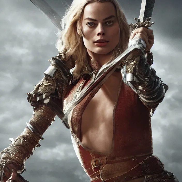 Image similar to margot robbie, broadsword in her hands, sword. very coherent symmetrical artwork. cinematic, high detail, octane render, 8 k