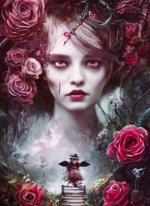 Prompt: Alice in Wonderland,roses,highly detailed,cinematic,8k,by Stanley Artgermm,Tom Bagshaw,Greg Rutkowski,Carne Griffiths, Ayami Kojima, Beksinski, Giger,trending on DeviantArt,hyper detailed,horror, full of colour