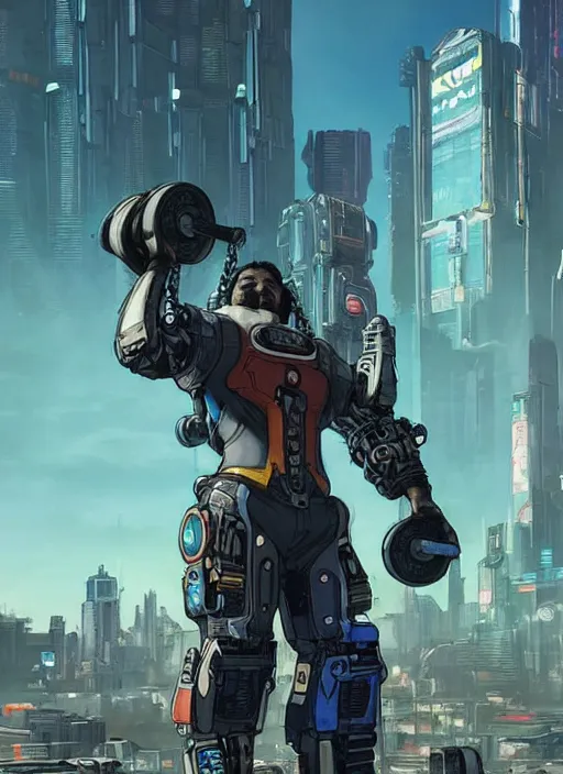 Image similar to hector. apex legends cyberpunk weight lifter with huge robot arms. concept art by james gurney and mœbius. gorgeous face, cinematic, dramatic lighting ( cyberpunk 2 0 7 7 ), clean aesthetic