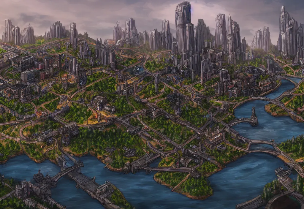 Image similar to wide shot, establishing shot of a modern day dungeons and dragons city with a river, trending on artstation, digital art, 4 k, 8 k