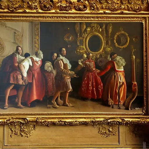 Image similar to fine art, oil on canvas baroque style by diego velasquez. the interior of the palace of versailles in france. fine art in the walls and