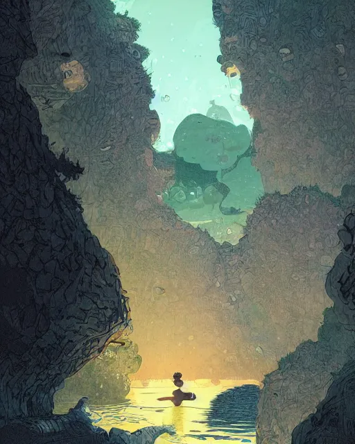 Prompt: a boy sneaking behind a giant sleeping giant, in a cave by the water, digital art, illustrated by james gurney and victo ngai