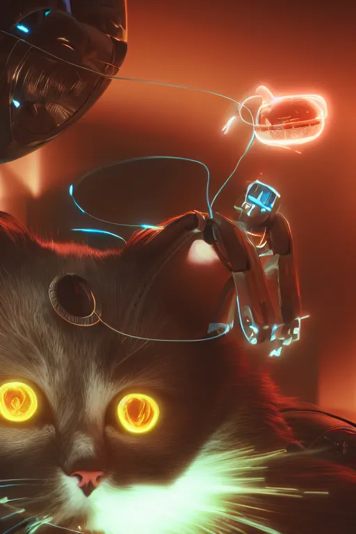 Image similar to portrait of a robotic cat eating a computer mouse. cinematic, cyberpunk, digital art, blender, octane render, volumetric lighting, 8 k, detailed, trending on artstation