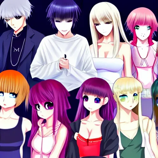 Prompt: there were eight anime people, no more than eight. Less than nine but more than seven, eight eight eight, 2 girls 6 guysdigital art