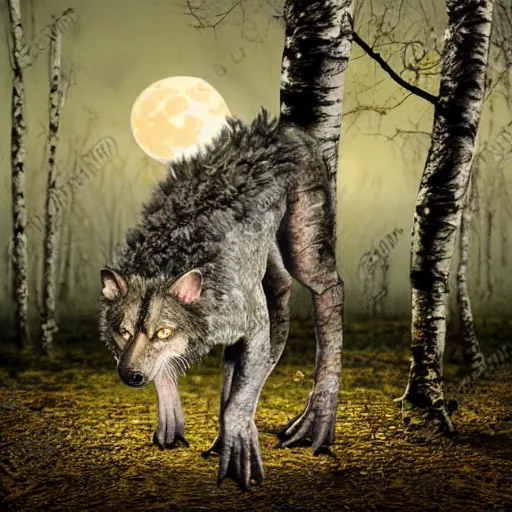 Prompt: Furred chimera with crocodile's body and a wolve's head, set within a birch tree swamp, illuminated by full moon, professional photoshop artwork, highly detailed