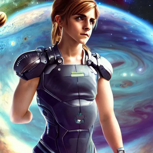 Image similar to a highly detailed matte portrait emma watson as samus aran standing in a space station and looking at jupiter, sci fi and fantasy, viewed in profile from far away, crackling black lightning, ultrawide lens, art by artgerm and greg rutkowski and alphonse mucha, volumetric lighting, octane render, 4 k resolution, trending on artstation, masterpiece