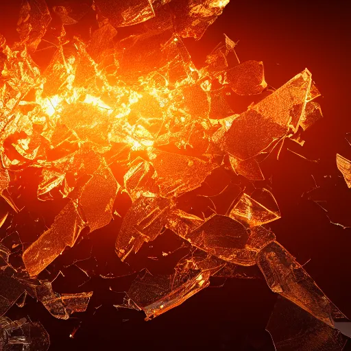 Prompt: shattered glass in front of bright flames, photorealistic, intricate details, 8 k, octane render