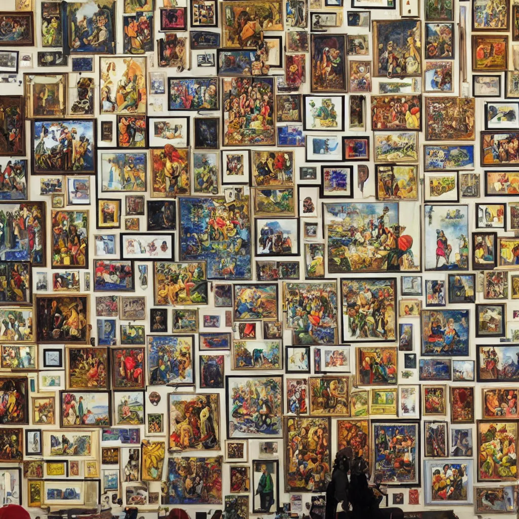 Image similar to a wall with a collage of world's six most expensive paintings