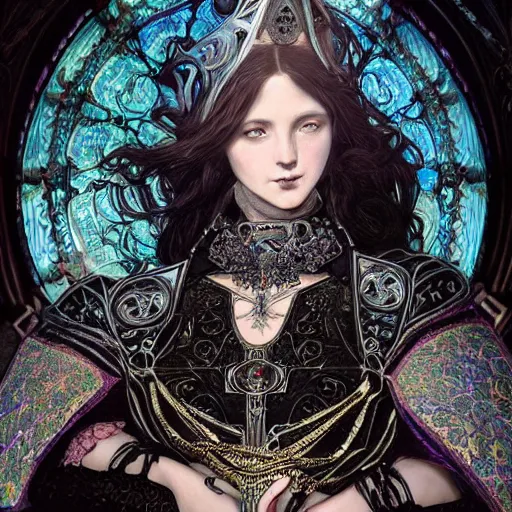 Image similar to beautiful victorian and luxury and goddess and gothic female medieval Black armor knight portrait+shiny eyes+front face with light flowing hair, ultradetail face, ruined gothic cathedral, art and illustration by tian zi and craig mullins and WLOP and alphonse mucha, ssci-fi, fantasy, intricate complexity, human structure, hypermaximalist, fantasy character concept, dynamic lighting, neon light, watermark, blurry, hyperrealism 8k
