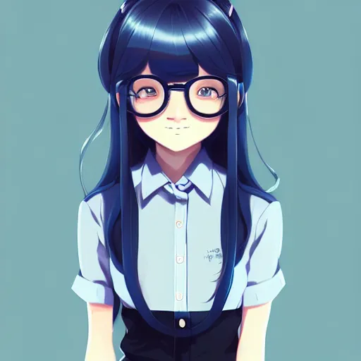 Image similar to urban school girl in shirt fanart, dark blue long hair, muted colors, matte print, pastel colors, ornate, digital art, cute smile, digital painting, fan art, elegant, pixiv, by Ilya Kuvshinov, by Studio Ghibli