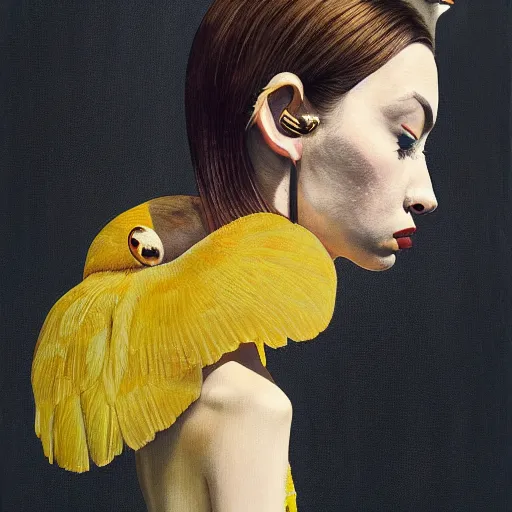 Prompt: head to shoulder portrait painting of an elegant top model wearing a yellow kimono with a very detailed barn owl on her shoulder by Simon Stålenhag