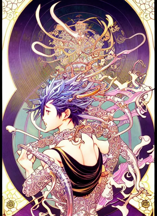 Image similar to exquisite imaginative creature manga poster art of demon slayer, pearlescent, shimmering, reflective, rim light, detailed background, by kojima ayami, shigenori soejima. takeshi obata, alphonse mucha, jump comics, illustration, artstation, concept art, highly detailed, colorful, maximalist