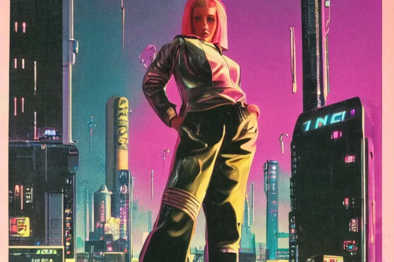 Prompt: 1979 OMNI Magazine Cover of Chrome woman with Pink hair and a leather jacket. neo-Tokyo streets behind her. in cyberpunk style by Vincent Di Fate