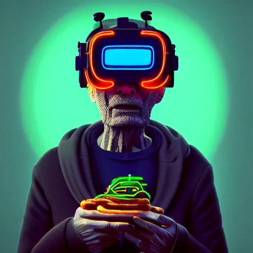 Image similar to Colour Photography of 1000 years old man with highly detailed 1000 years old face wearing higly detailed cyberpunk VR Headset designed by Josan Gonzalez. Man eating higly detailed hot-dog. In style of Josan Gonzalez and Mike Winkelmann andgreg rutkowski and alphonse muchaand Caspar David Friedrich. Rendered in Blender