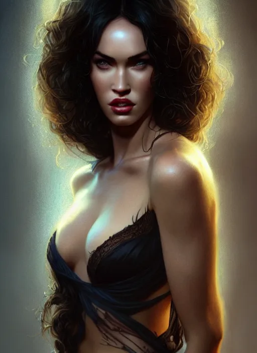Prompt: portrait of megan fox as a vampire, curly hair, intricate, elegant, glowing lights, highly detailed, digital painting, artstation, concept art, smooth, sharp focus, illustration, art by wlop, mars ravelo and greg rutkowski