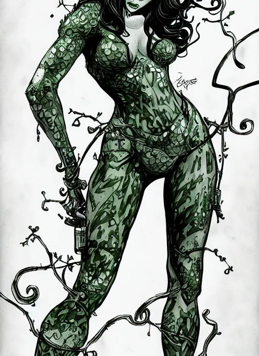 Prompt: concpet art, full shot, traditional ink, sketch, of poison ivy, line sketch, intricate, elegant, highly detailed, monochrome, digital painting, artstation, concept art, green, black, red ink sharp focus, illustration, art by borderlands 3 and peter polach