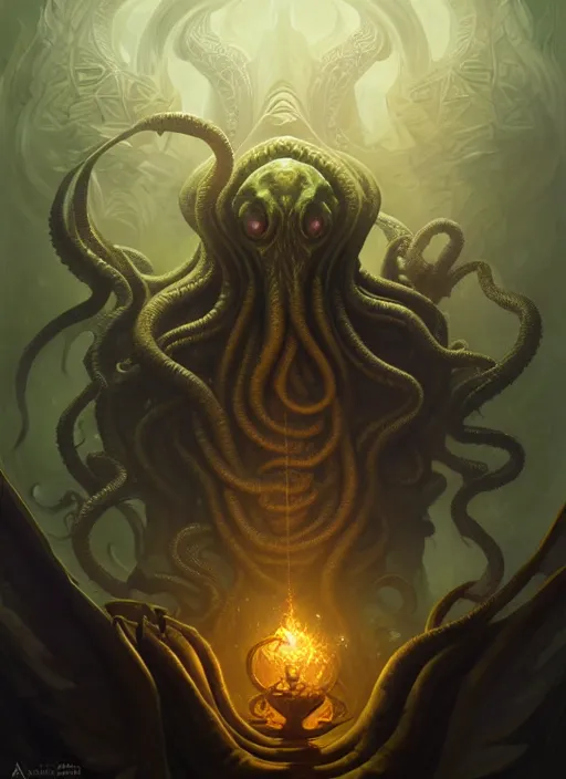 Image similar to cthulhu, deep focus, d & d, fantasy, intricate, elegant, highly detailed, digital painting, artstation, concept art, matte, sharp focus, illustration, hearthstone, art by artgerm and greg rutkowski and alphonse mucha