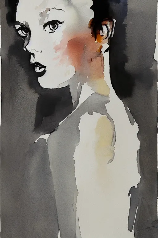 Image similar to beautiful face woman, grey, colorless and silent, watercolor portrait by David downton