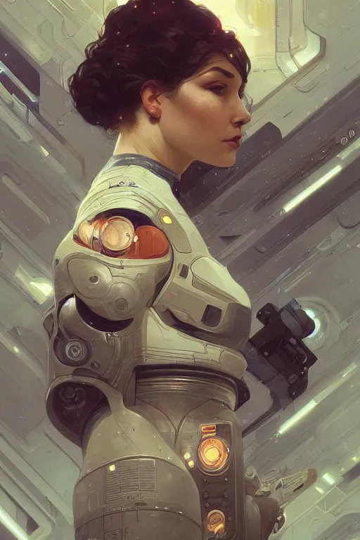 Image similar to A full portrait of a scifi heavy deep space freighter pilot, intricate, elegant, highly detailed, digital painting, artstation, concept art, smooth, sharp focus, illustration, art by Krenz Cushart and Artem Demura and alphonse mucha
