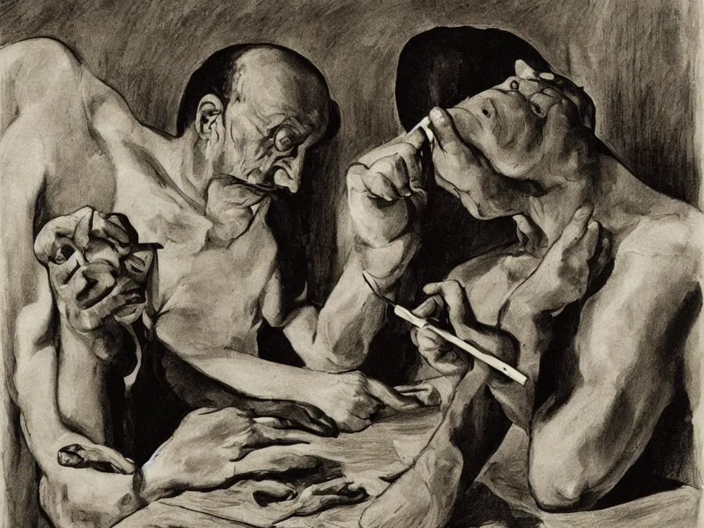 Prompt: Picasso drawing his model in a harsh light. Painting by Georges de la Tour, Roger Ballen