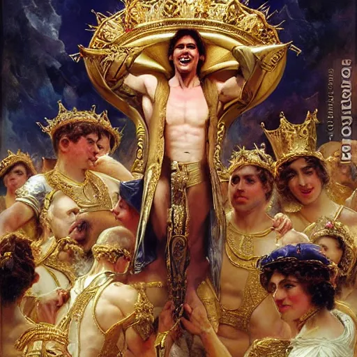 Image similar to tom cruise wearing a golden crown after overcoming his fear or death, standing above a cheering crowd, highly detailed painting by gaston bussiere and j. c. leyendecker 8 k