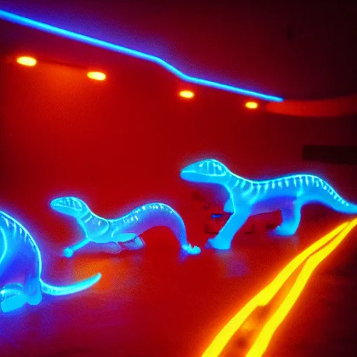 Image similar to electric blue scaled glowing baby dinosaurs in tron movie, cinestill